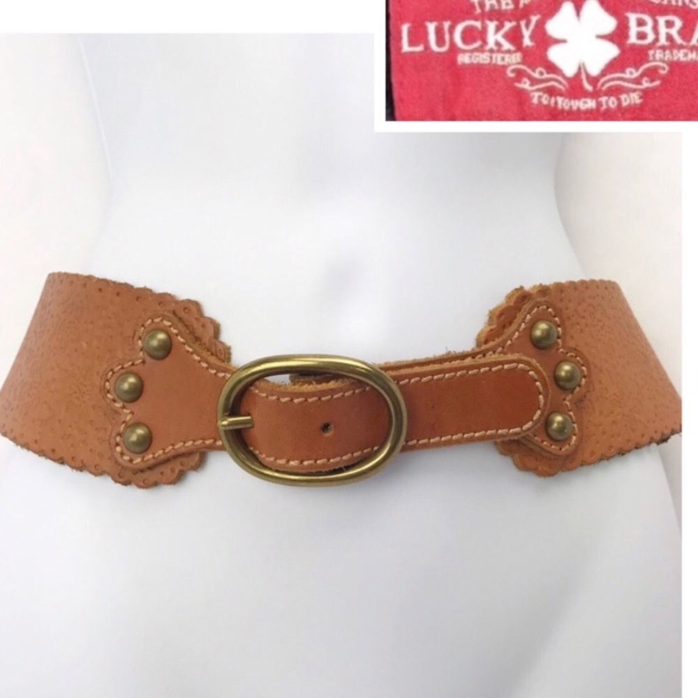 Lucky Brand Tan Tooled Leather Belt Brass Buckle